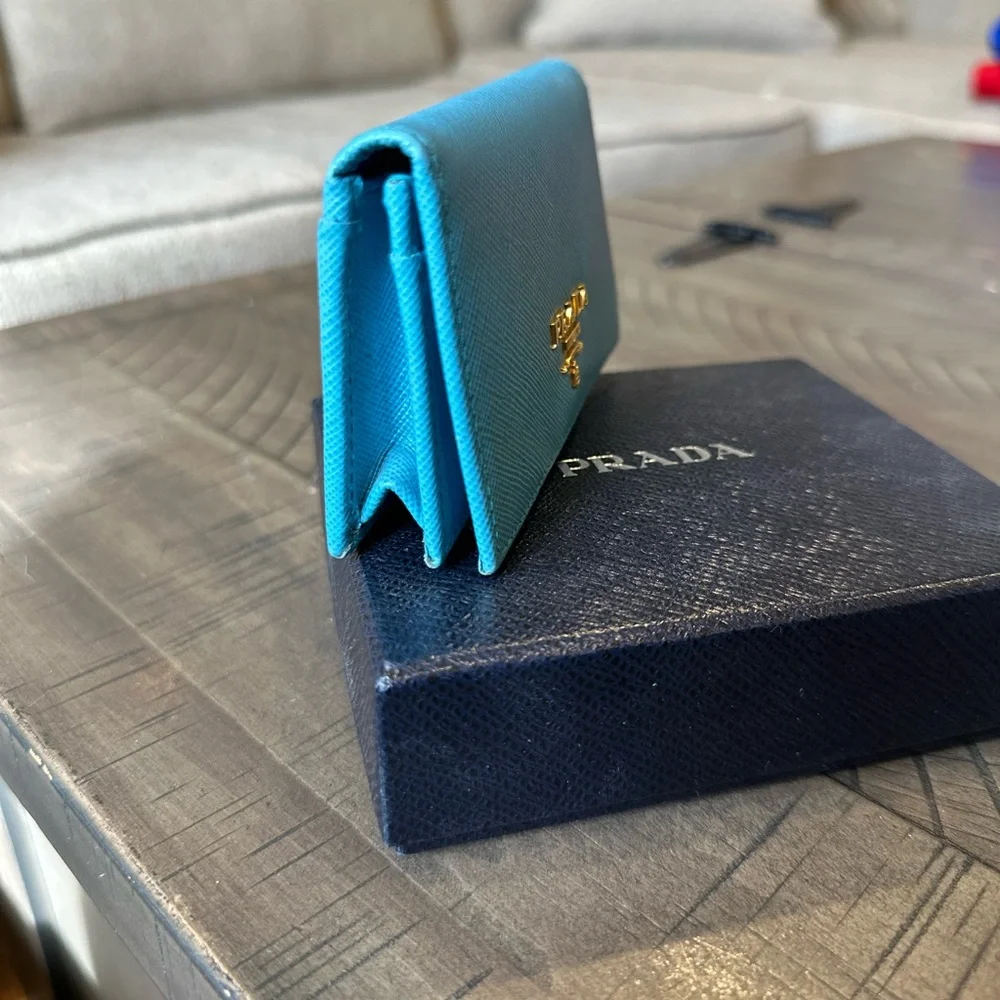 Prada Blue Saffiano Leather Card Holder with Gold Logo - Picture 7 of 12